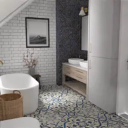 Projekt domu w stylu modern farmhouse - łazienka z wanną wolnostojącą, wizualizacja poglądowa