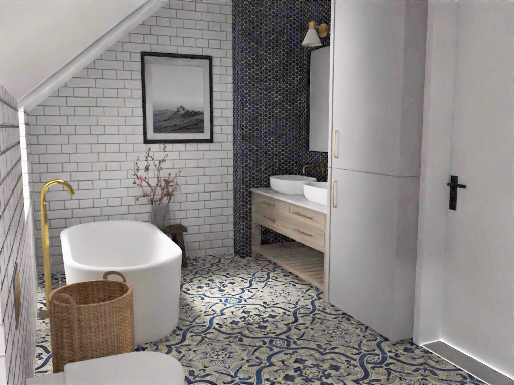 Projekt domu w stylu modern farmhouse - łazienka z wanną wolnostojącą, wizualizacja poglądowa