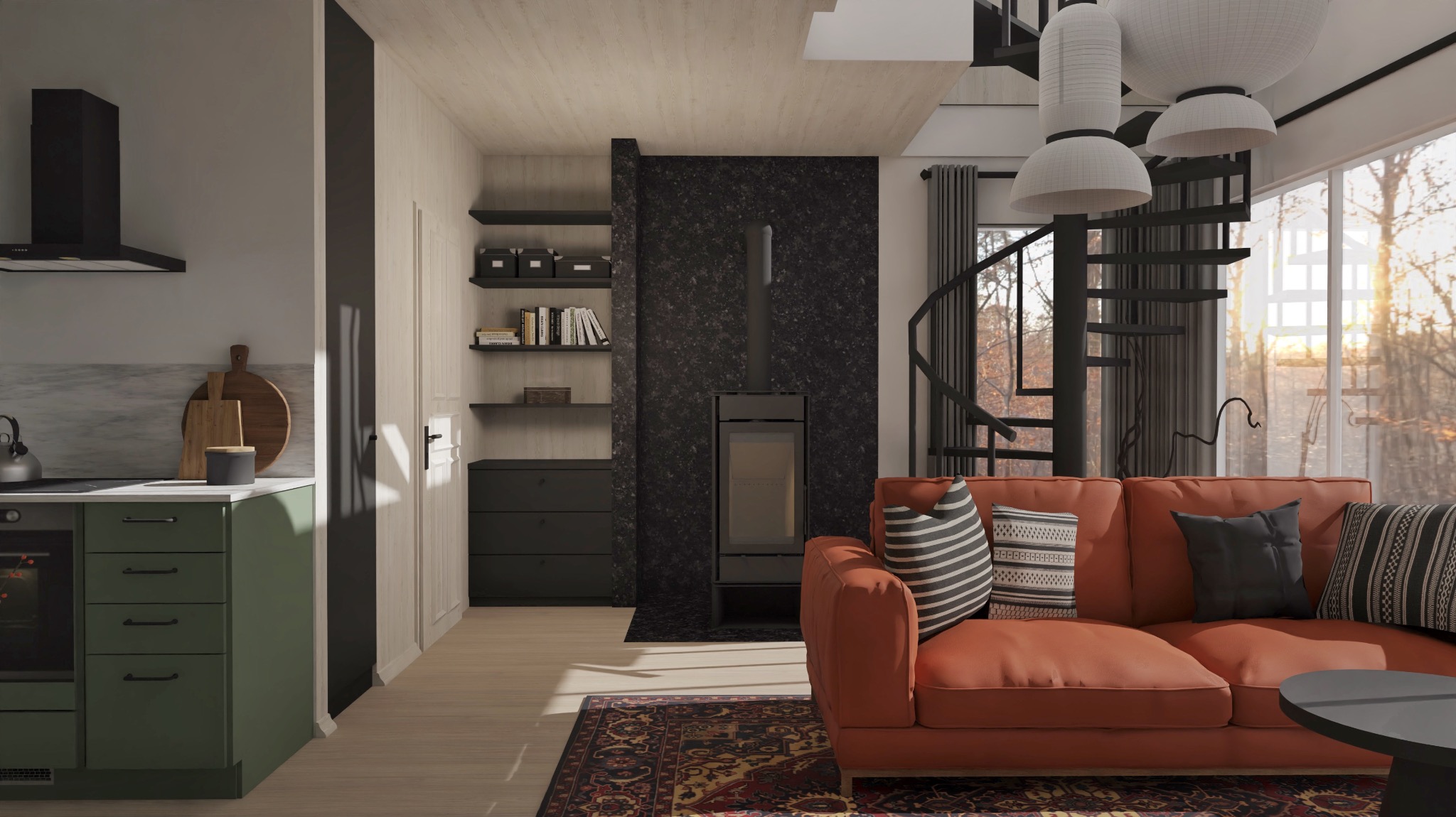 Projekt wnętrza domku wypoczynkowego - salon z kozą i kręconymi schodami, wizualizacja poglądowa