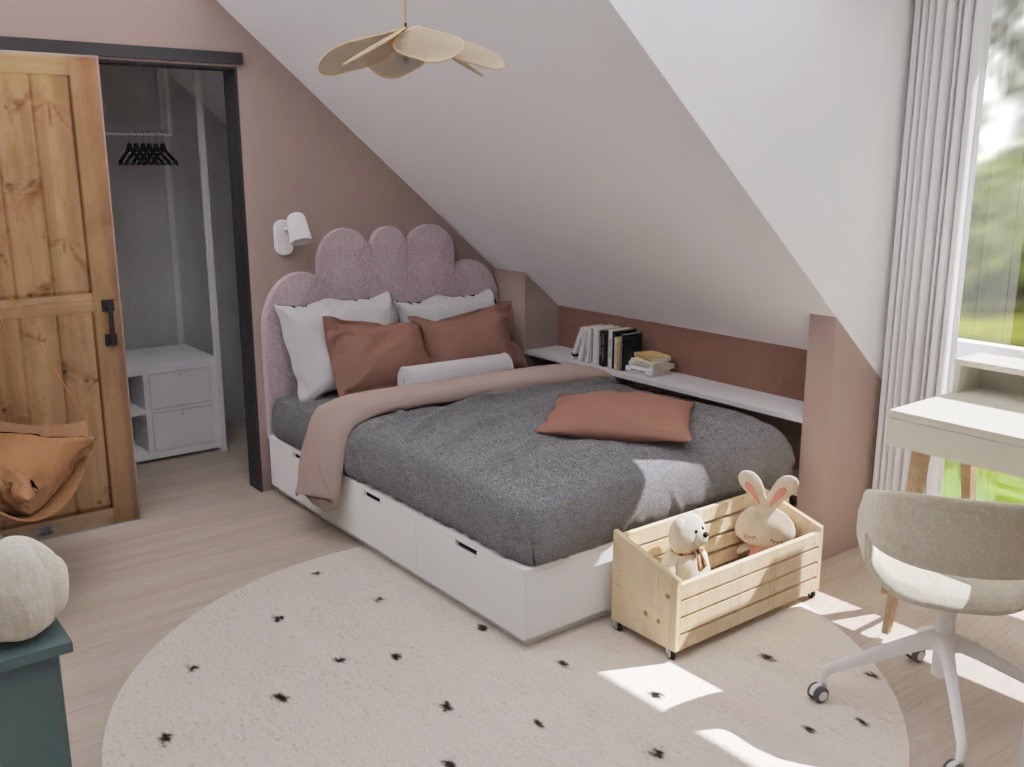 Wizualizacja pokoju dziecięcego na poddaszu z łóżkiem w kształcie chmurki, biurkiem przy oknie i drewnianym pudłem na zabawki na kółkach.