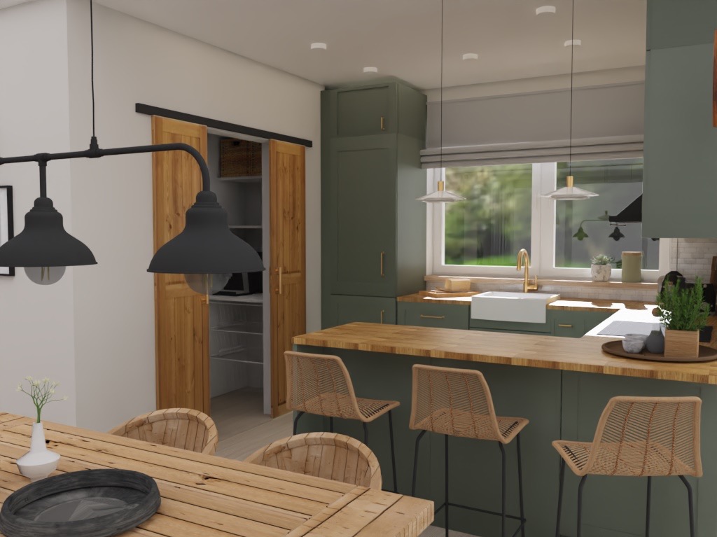 Projekt domu w stylu modern farmhouse - kuchnia ze spiżarką i widokiem na jadalnię, wizualizacja poglądowa