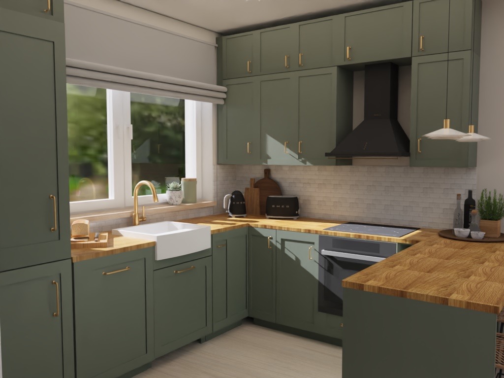 Projekt domu w stylu modern farmhouse -kuchnia z półwyspem, otwarta na jadalnię z salonem, wizualizacja poglądowa