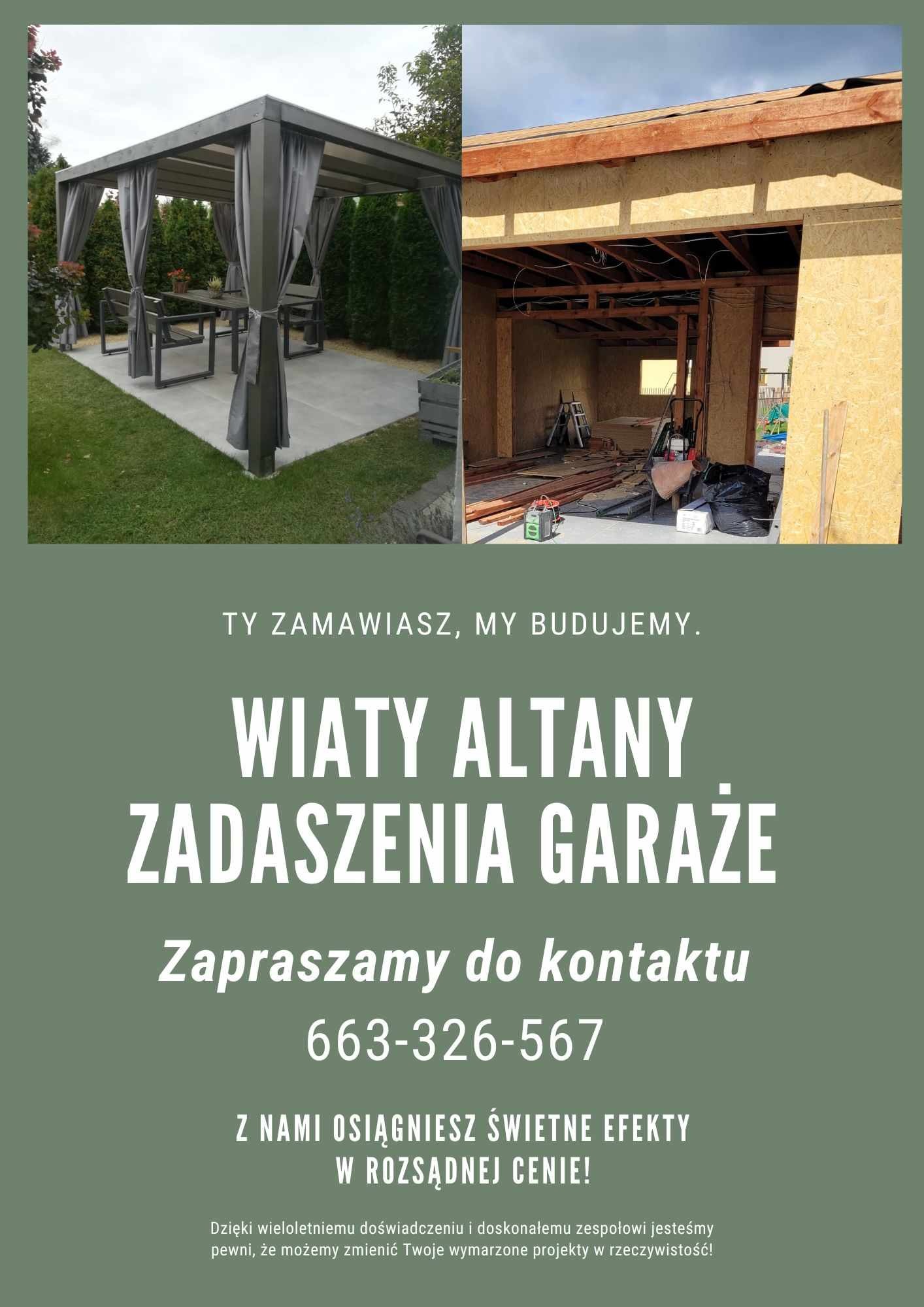 Kompozycja dwóch obrazów: z lewej gotowa altana z zasłonami w ogrodzie, z prawej szkielet dachu w trakcie budowy z widocznymi narzędziami.