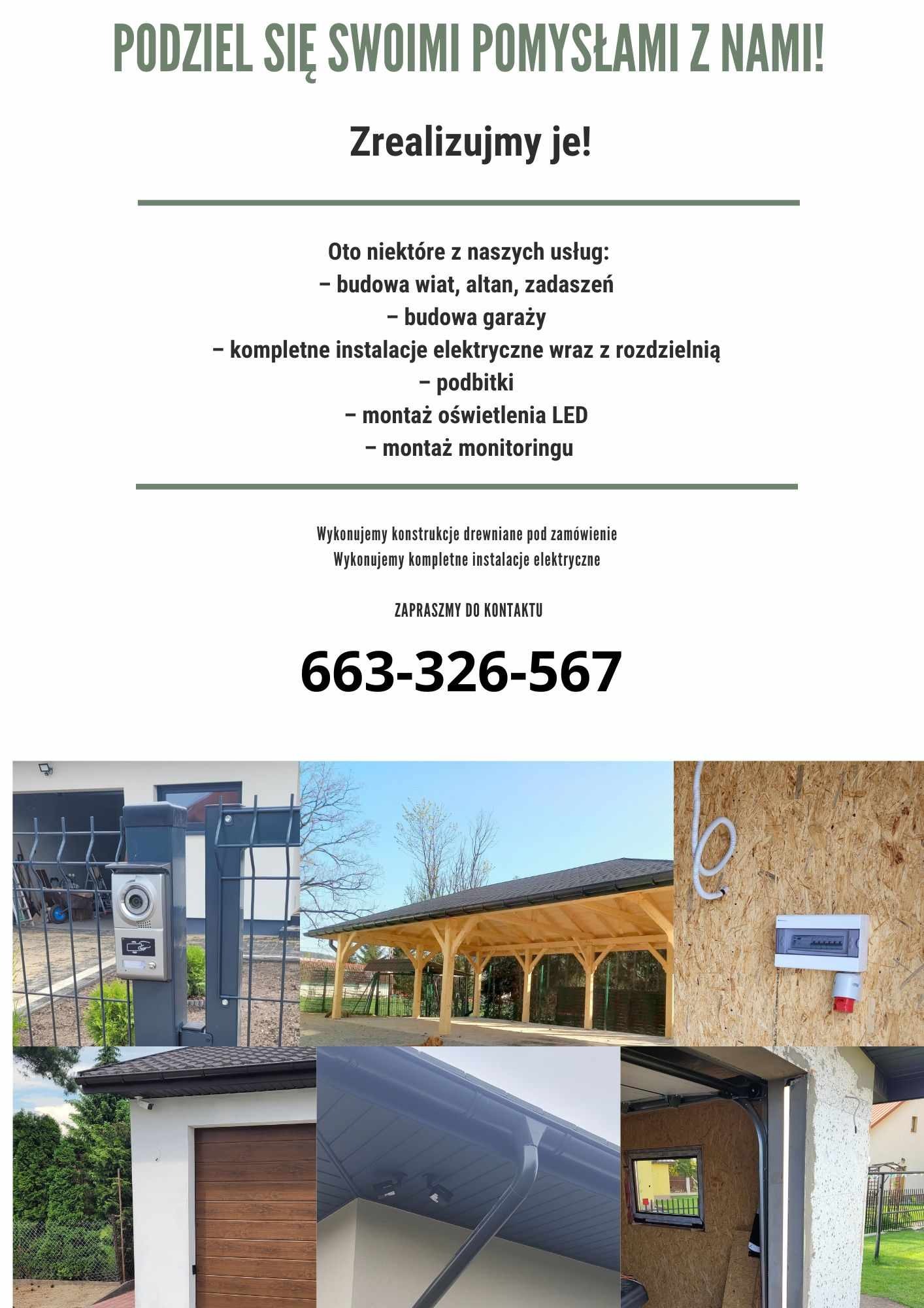 Kompozycja zdjęć przedstawiająca realizacje firmy: monitoring posesji, drewniana altana, instalacja elektryczna z rozdzielnicą, brama garażowa z oknem.