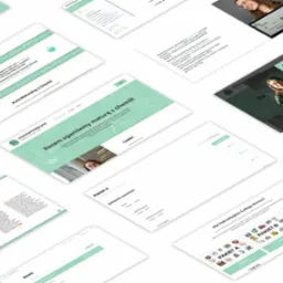 Zestawienie ekranów strony internetowej z kursem chemii, ukazujące różne sekcje, w tym logowanie, pakiety kursów, opinie kursantów i prezentację prowadzącej.