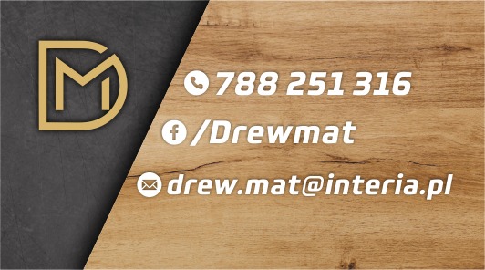 Wizytówka firmy z logo 'DM', numerem telefonu, adresem profilu na Facebooku i adresem e-mail na tle imitującym drewno.