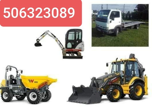 Kolaż zdjęć maszyn budowlanych: wywrotka, koparka, ładowarka oraz mała ciężarówka z platformą.