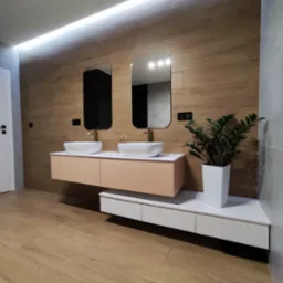 Nowoczesna łazienka w Radomsku z dwoma umywalkami nablatowymi i podświetlanym lustrem na drewnopodobnej ścianie, uzupełniona rośliną doniczkową.