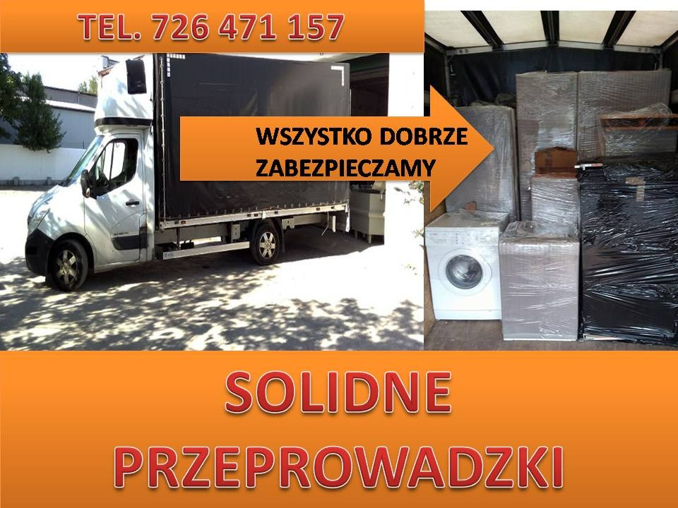 Wnętrze busa z załadowanymi i zabezpieczonymi sprzętami AGD i meblami, widoczna pralka i inne przedmioty owinięte folią, na zewnątrz widoczny biały bus z numerem telefonu.