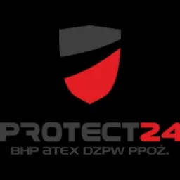 Logo firmy Protect24 z czarno-czerwonym elementem graficznym, poniżej nazwa firmy i skróty: BHP ATEX DZPW PPOŻ.
