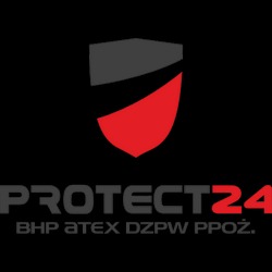 Logo firmy Protect24 z czarno-czerwonym elementem graficznym, poniżej nazwa firmy i skróty: BHP ATEX DZPW PPOŻ.