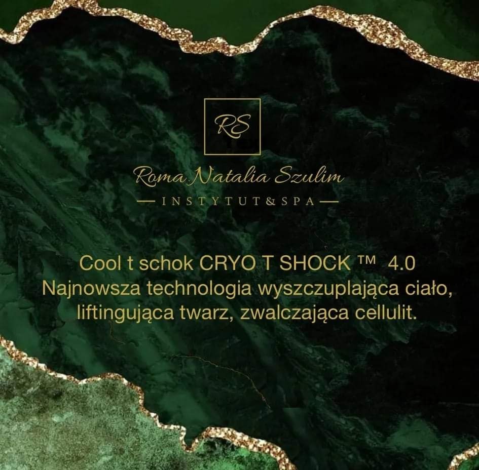 Grafika reklamowa z logo RS Roma Natalia Szulim Instytut & SPA, prezentująca technologię Cool t schok CRYO T SHOCK 4.0 do wyszczuplania ciała, liftingu twarzy i zwalczania cellulitu na tle...