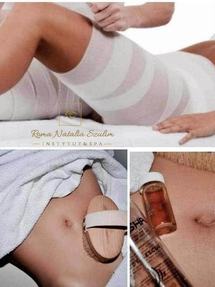 Owijanie nóg elastycznymi bandażami podczas zabiegu; pędzel do masażu na brzuchu obok butelek z olejkami; logo salonu Roma Natalia Szulim Instytut & Spa