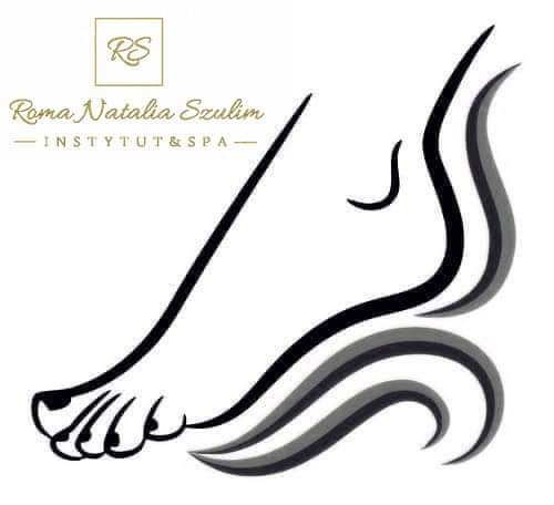 Elegancki, minimalistyczny logotyp przedstawiający stopę z falistymi liniami, nazwa firmy 'Roma Natalia Szulim - INSTYTUT&SPA' oraz inicjały 'RS' w kwadracie.