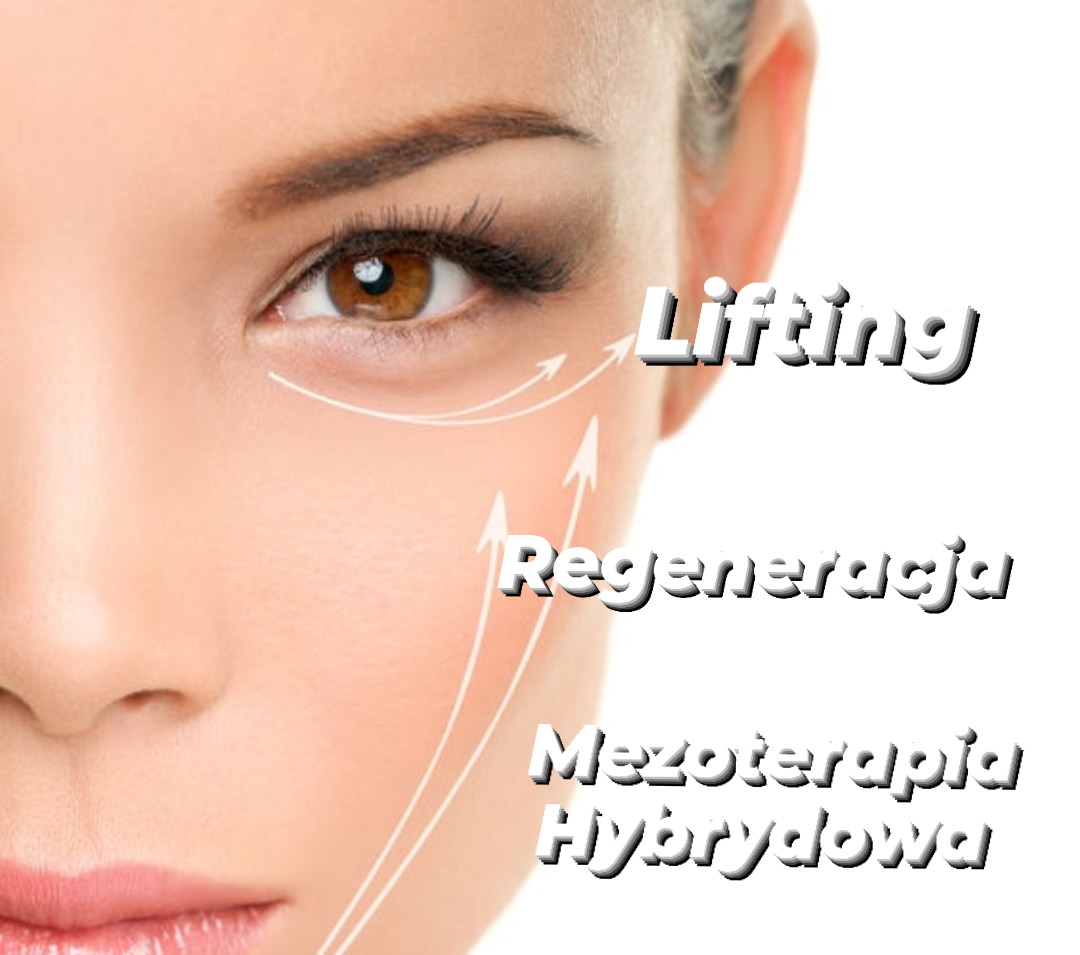 Fragment twarzy kobiety z zaznaczonymi strzałkami i napisami: lifting, regeneracja, mezoterapia hybrydowa, prezentujący potencjalne efekty zabiegów oferowanych w Gorzowie Wielkopolskim.