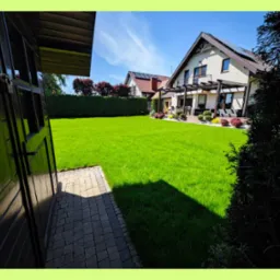 Zadbany trawnik przed domem z pergolą i tarasem, widok z perspektywy otwartej drewnianej szopy na tle błękitnego nieba.