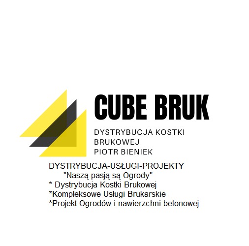 Logo firmy Cube Bruk, oferującej dystrybucję kostki brukowej, kompleksowe usługi brukarskie oraz projekty ogrodów i nawierzchni betonowych. Grafika zawiera dwa żółte trójkąty i czarny napis.