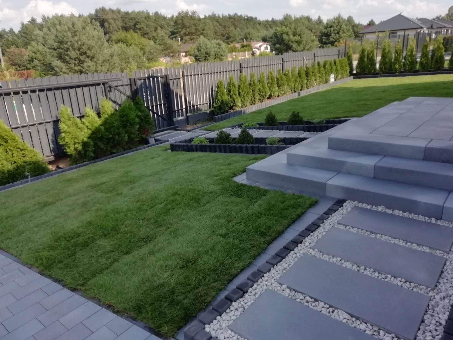 Ujęcie na zadbany ogród z równo przystrzyżonym trawnikiem, ścieżką z płyt chodnikowych i białego żwiru, schodami z szarej kostki oraz nowoczesnym, ciemnym ogrodzeniem panelowym z bramą.