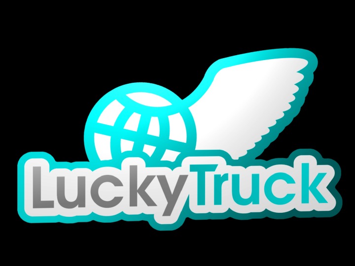 Logo firmy transportowej LuckyTruck: globus z skrzydłem na czarnym tle.