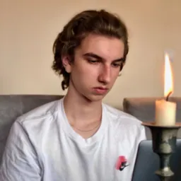 Młody mężczyzna skupiony na pracy przy laptopie, oświetlonym płomieniem świecy w metalowym świeczniku, z profilu widoczny napis Nike na białej koszulce.