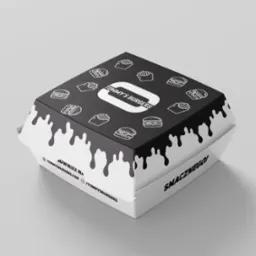 Wizualizacja kwadratowego pudełka na burgery z logo Tommy's Burgers, czarną górą z białymi ikonami burgerów i frytek oraz białymi 'kapiącymi' elementami na bokach. Na bocznych ściankach adres...