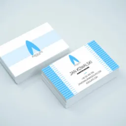 Dwa stosy wizytówek z logo i danymi kontaktowymi firmy z Bartąga, utrzymane w błękitno-białej kolorystyce, ułożone na jasnym tle.