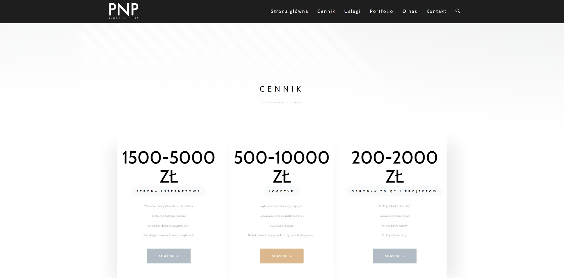Cennik usług na stronie internetowej z podziałem na trzy kategorie: strona internetowa, logotyp, obróbka zdjęć i projektów, z podanymi zakresami cenowymi.