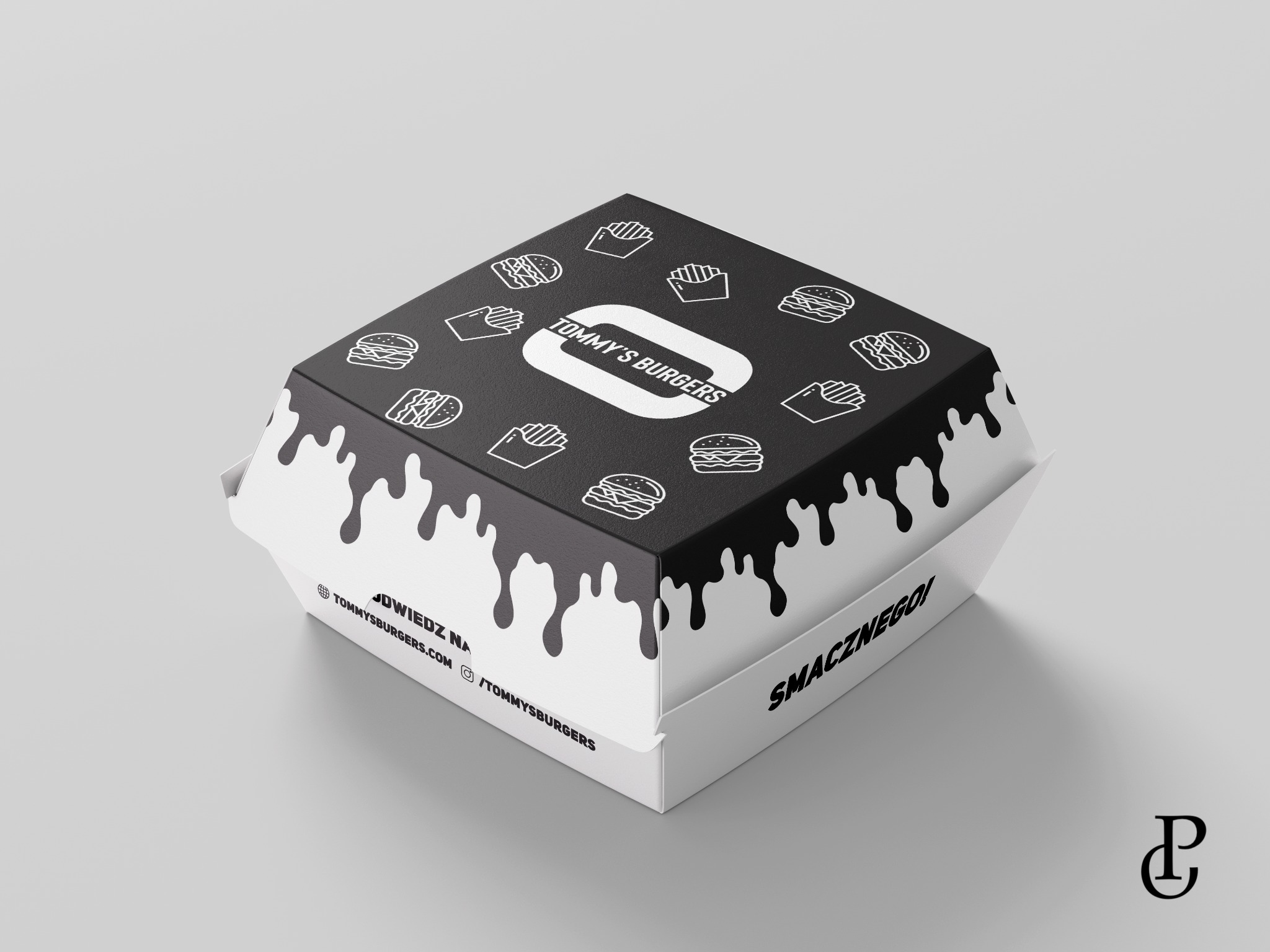 Wizualizacja kwadratowego pudełka na burgery z logo Tommy's Burgers, czarną górą z białymi ikonami burgerów i frytek oraz białymi 'kapiącymi' elementami na bokach. Na bocznych ściankach adres...