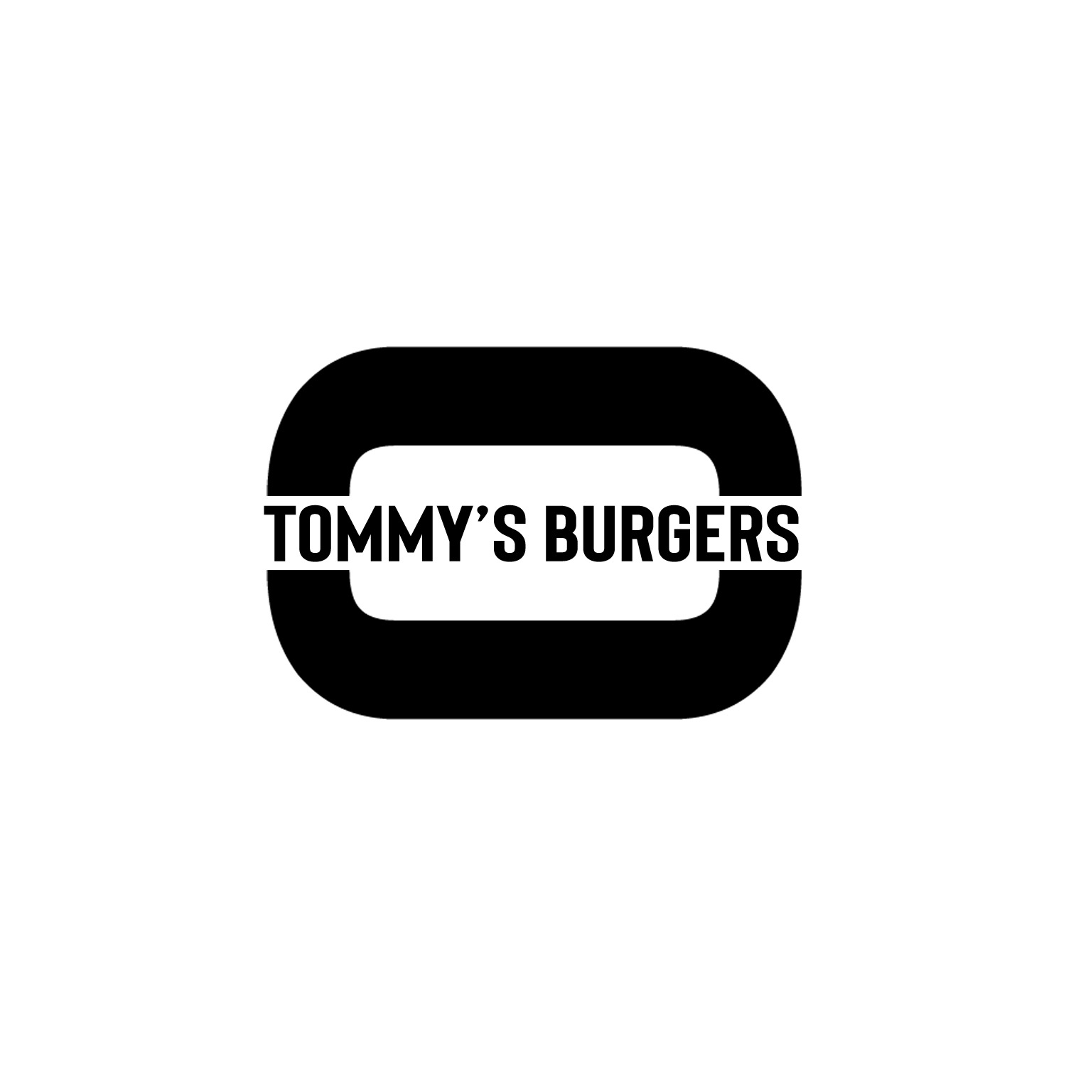 Czarno-białe logo Tommy's Burgers, z nazwą firmy umieszczoną wewnątrz grubego, zaokrąglonego kwadratu.