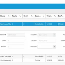 Ekran interfejsu użytkownika systemu rezerwacji z danymi dotyczącymi check-in, szczegółami rezerwacji, cenami i statusem potwierdzenia, potencjalnie używanego przez firmę z Puerto de Rosario.