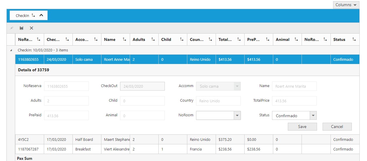Ekran interfejsu użytkownika systemu rezerwacji z danymi dotyczącymi check-in, szczegółami rezerwacji, cenami i statusem potwierdzenia, potencjalnie używanego przez firmę z Puerto de Rosario.