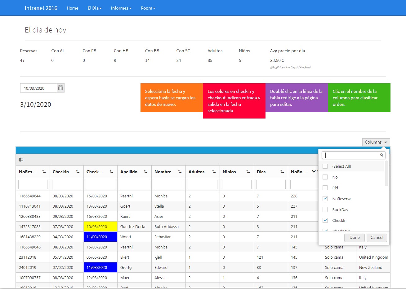 Interfejs systemu rezerwacji hotelowej z widoczną listą rezerwacji, kolumnami takimi jak data przyjazdu i wyjazdu, imię i nazwisko gościa, liczba dorosłych i dzieci oraz długość pobytu, z otwartym...