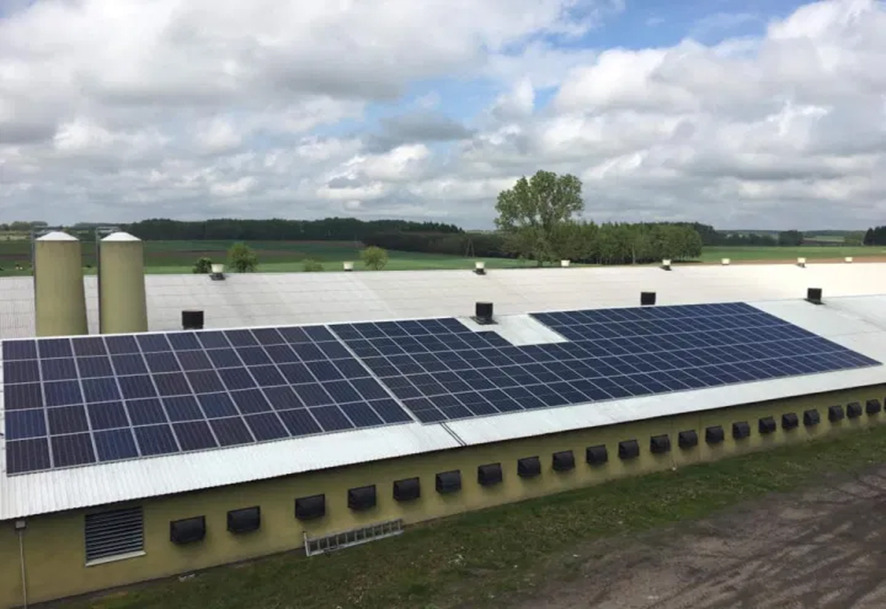 Rozległy dach budynku gospodarczego z zainstalowanymi panelami słonecznymi, widoczne dwa silosy w tle, krajobraz wiejski pod pochmurnym niebem.