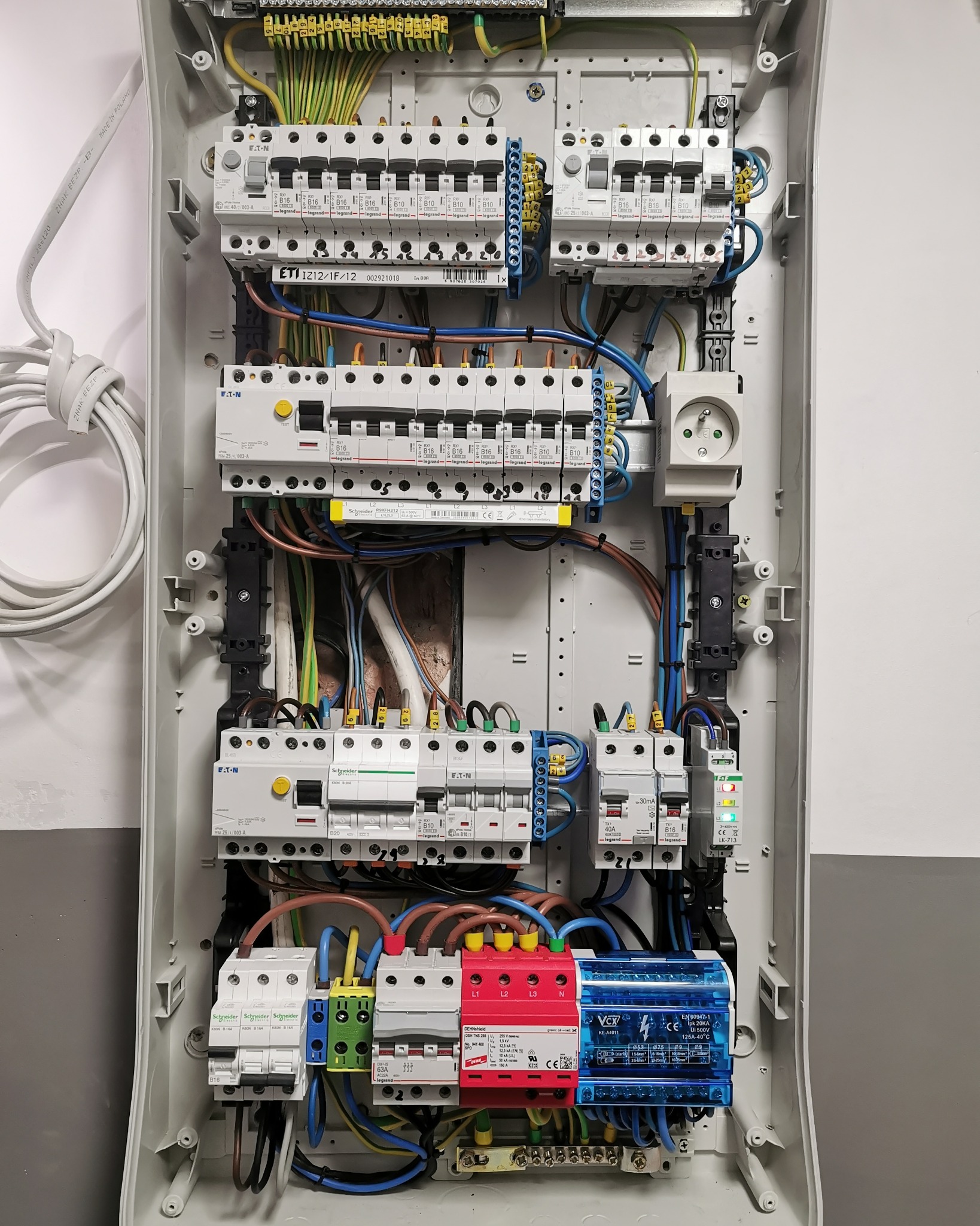 Otwarta skrzynka elektryczna z zainstalowanymi bezpiecznikami, wyłącznikami różnicowoprądowymi i ogranicznikami przepięć różnych producentów, z widocznymi przewodami oznaczonymi numerami.