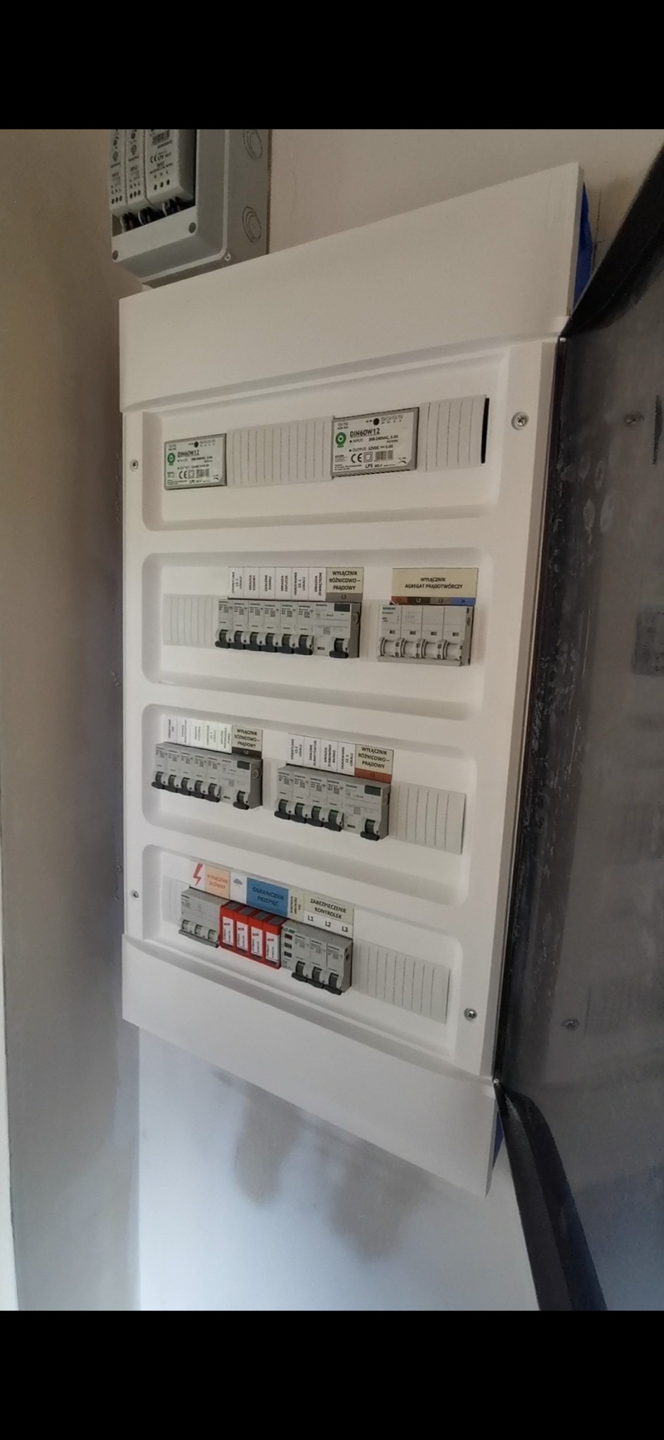 Rozdzielnica elektryczna w białej obudowie, widoczne wyłączniki różnicowoprądowe, ograniczniki przepięć i zabezpieczenia kontrolne. Dodatkowa skrzynka na górze. Ściana pomalowana na szaro.