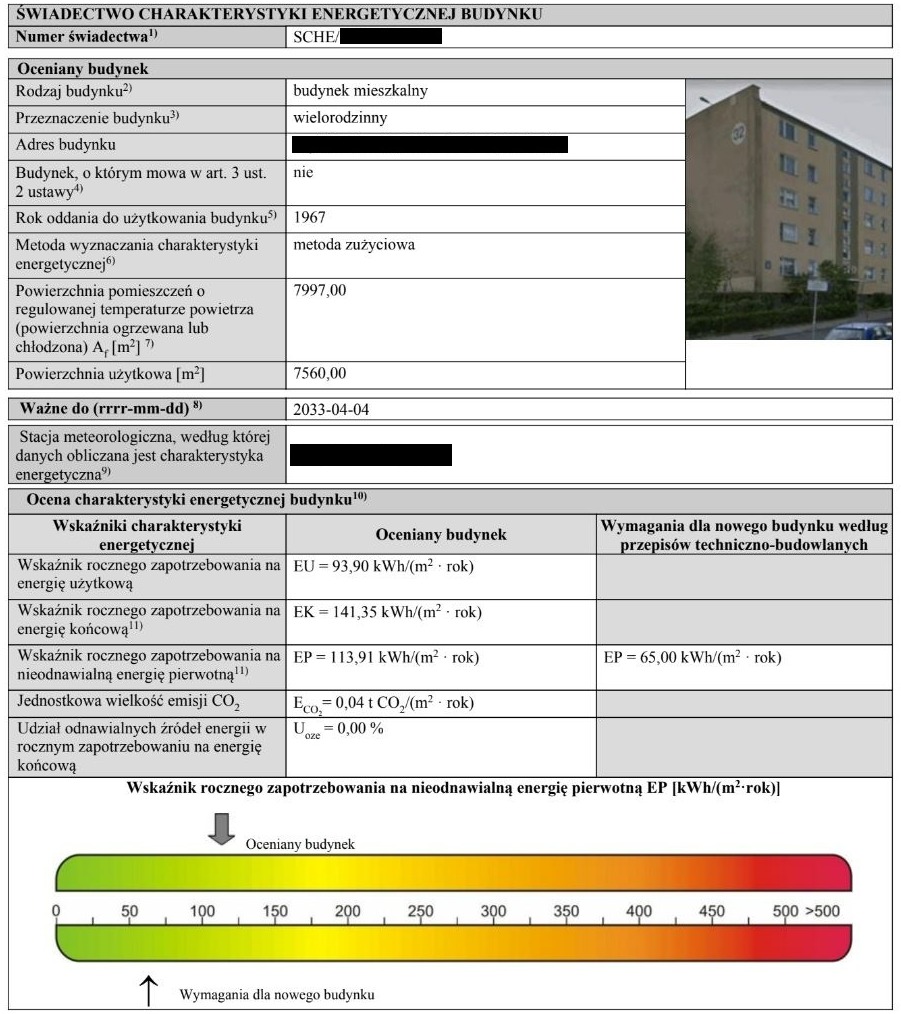 Skan świadectwa charakterystyki energetycznej budynku wielorodzinnego z rokiem oddania do użytkowania 1967 i wskaźnikami zużycia energii.
