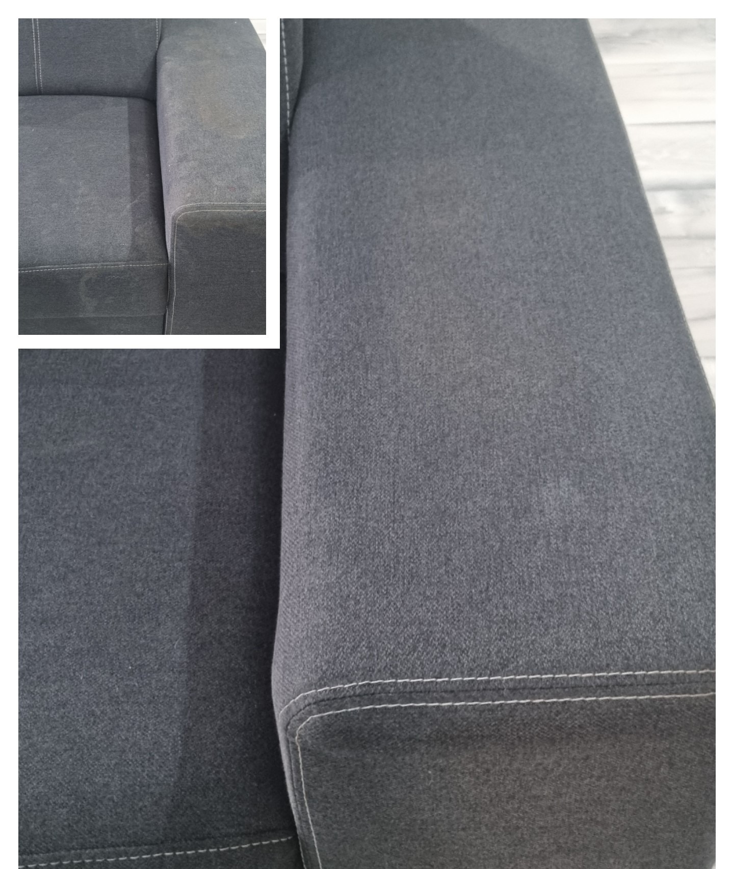 Fragment szarej sofy z widocznym efektem czyszczenia: wyraźna różnica w odcieniu między brudną a wyczyszczoną częścią tapicerki.
