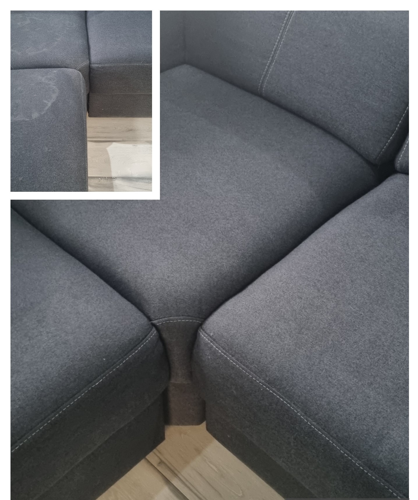 Szary narożnik z widocznym zabrudzeniem na siedzisku, sfotografowany w Zabrzu przed planowanym czyszczeniem tapicerki.