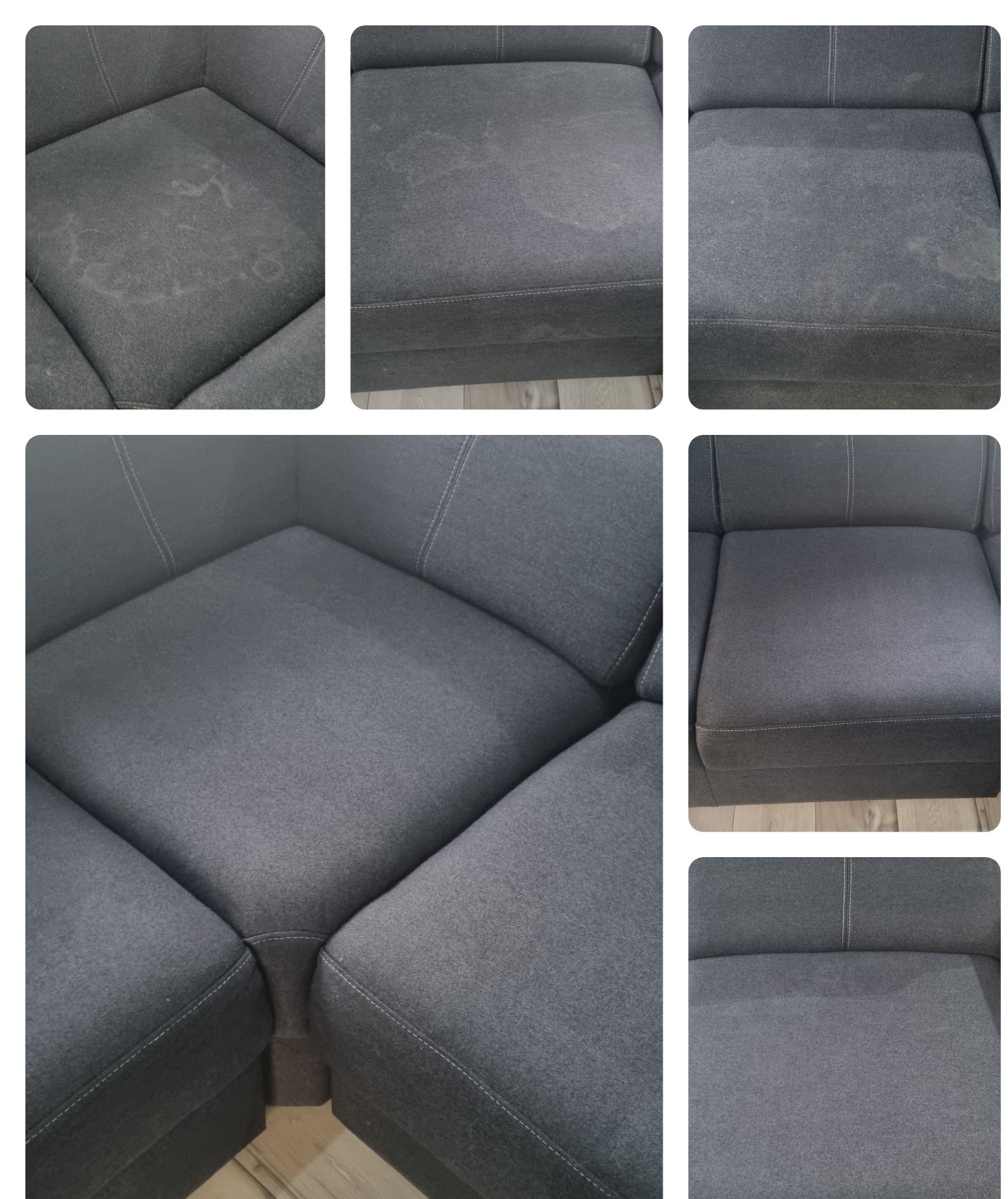 Kolaż przedstawiający szarą kanapę modułową przed i po czyszczeniu, z widocznymi plamami na niektórych segmentach przed zabiegiem.