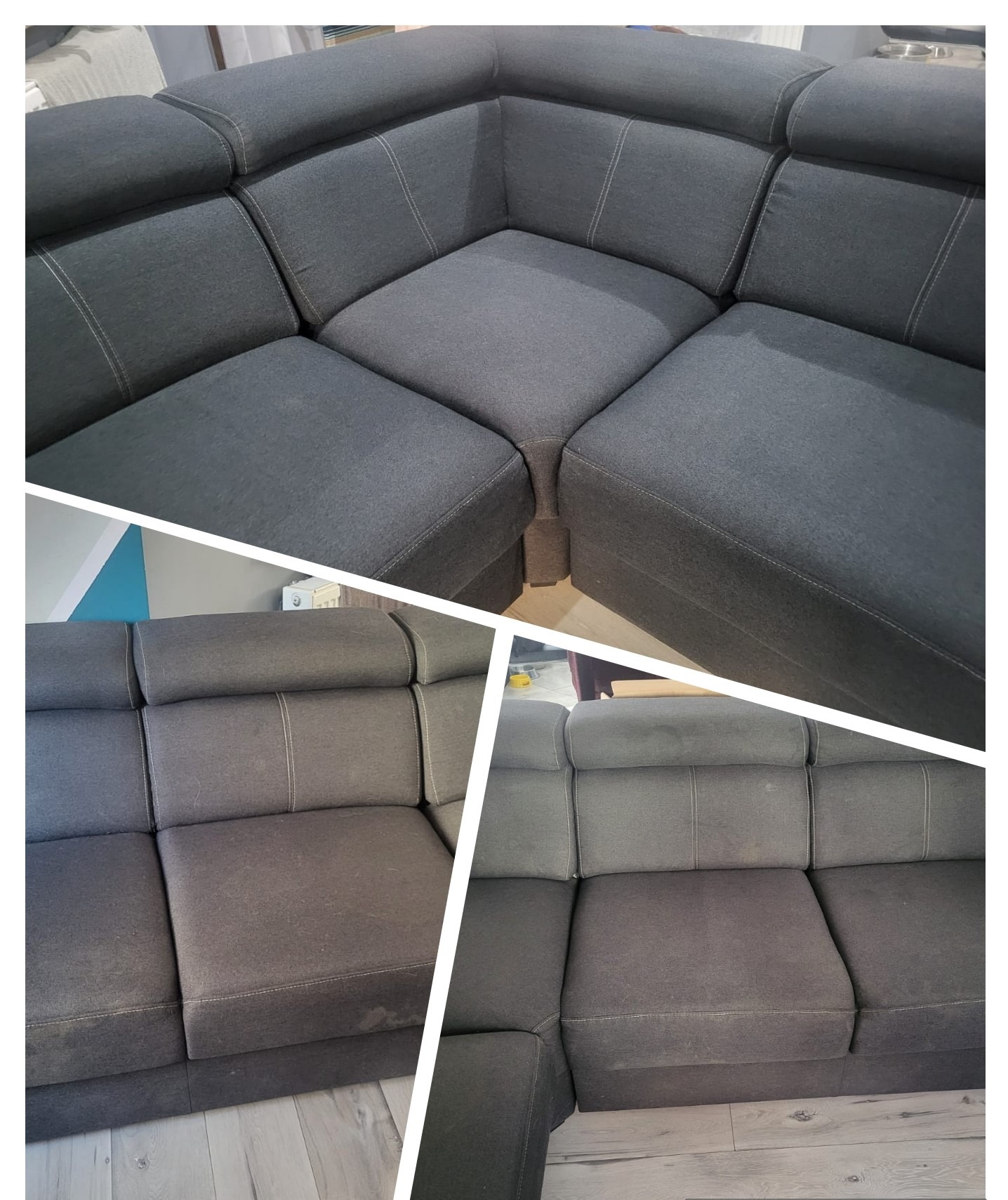 Szara, narożna kanapa modułowa przed i po czyszczeniu, widoczne różnice w odcieniu i plamy usunięte na dolnych fragmentach zdjęcia.