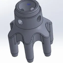 Szary model 3D elementu konstrukcyjnego z otworem centralnym i sześcioma nogami, widok z góry pod kątem.