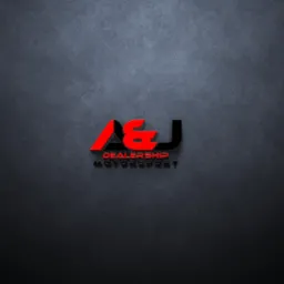 Czerwono-czarne logo 'A&J Dealership Motorsport' z efektem 3D na ciemnoszarym teksturowanym tle.
