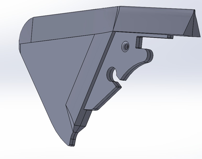 Szary model 3D wspornika z otworem i wycięciem, widok z perspektywy, na białym tle.