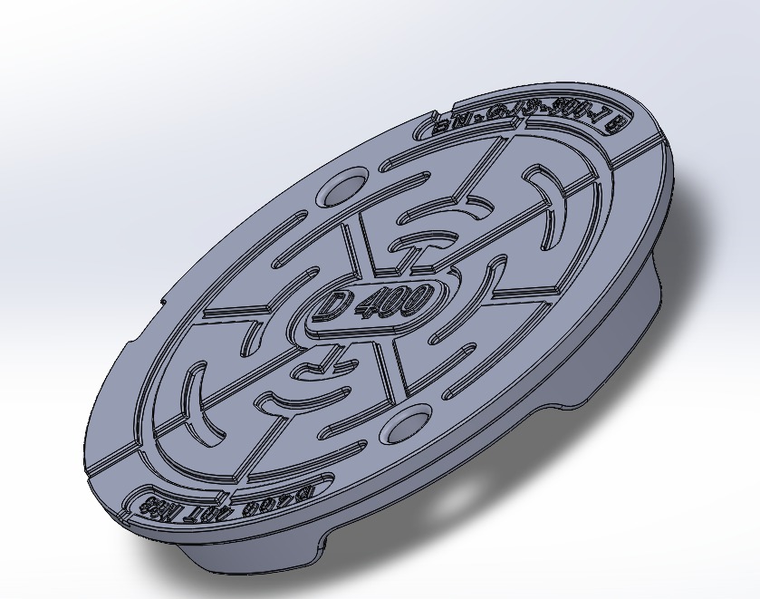 Model 3D pokrywy włazu kanalizacyjnego D400, widok z góry pod kątem, z widocznymi detalami konstrukcyjnymi i napisami.