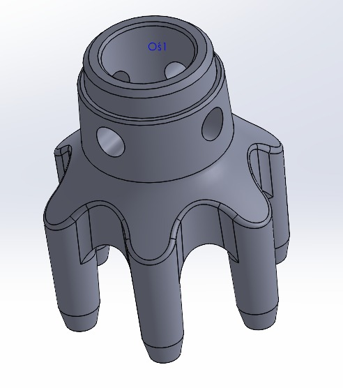 Szary model 3D elementu konstrukcyjnego z otworem centralnym i sześcioma nogami, widok z góry pod kątem.