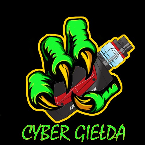 Grafika przedstawiająca zieloną, stylizowaną łapę potwora trzymającą e-papierosa na czarnym tle, z napisem 'CYBER GIEŁDA' w neonowo-zielonym kolorze.