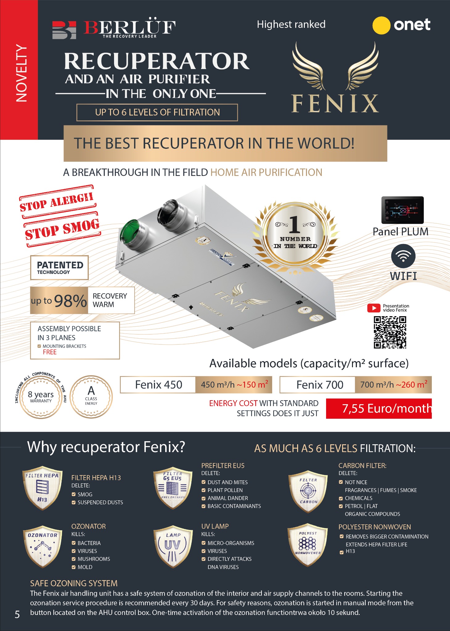 Reklama rekuperatora powietrza Fenix z informacjami o filtracji, systemie ozonowania i kosztach energii.