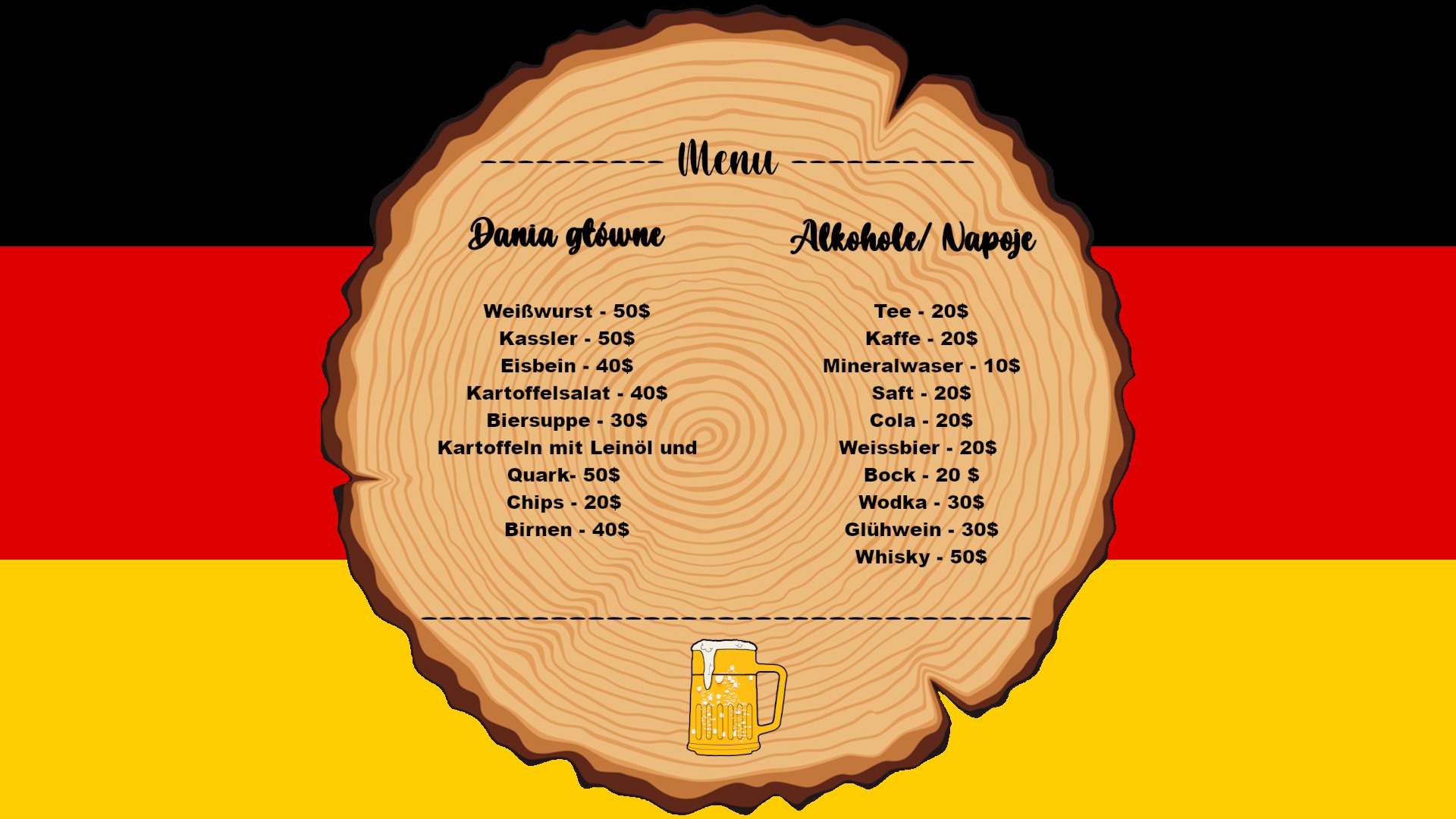 Graficzne menu restauracji w kształcie przekroju pnia drzewa z listą dań i napojów oraz cenami, na tle flagi Niemiec.