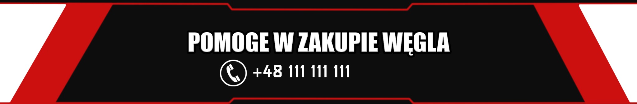 Grafika reklamowa z tekstem 'Pomogę w zakupie węgla' i numerem telefonu na czarnym tle z czerwono-białymi elementami graficznymi.