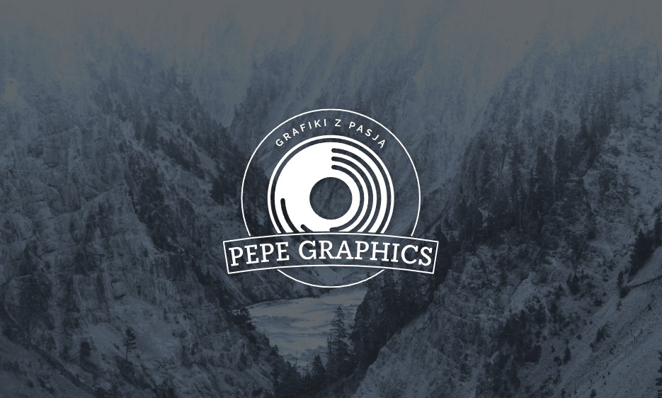 Logo firmy Pepe Graphics z motywem górskim w tle, okrągły znak z napisem Grafiki z Pasją i stylizowanym symbolem płyty winylowej.